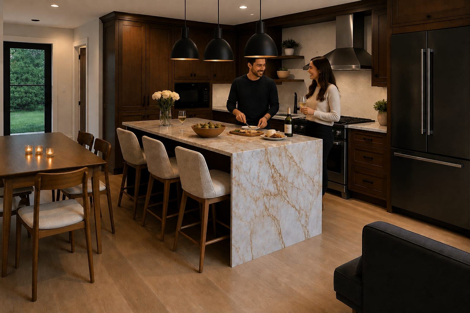 Kitchen with stone waterfall island and warm wood cabinetry